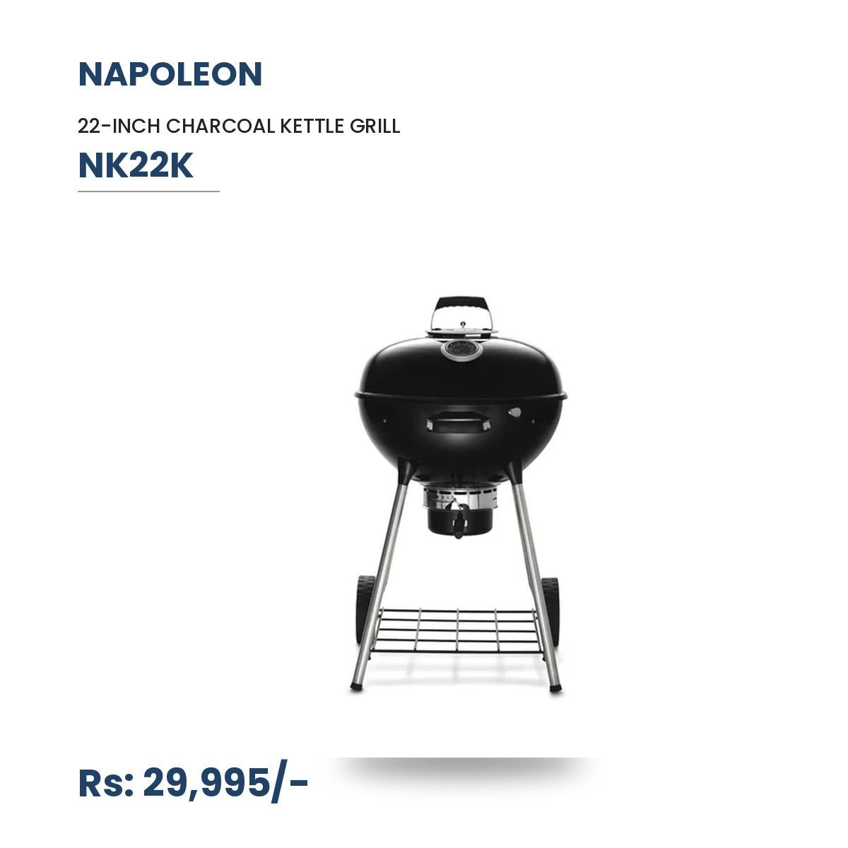 Napoleon NK22K Charcoal Kettle Grill | 22-Inch | 360 sq in | Vortex Heat System | Stainless Steel Hinged Grids | ACCUPROBE Gauge | Black