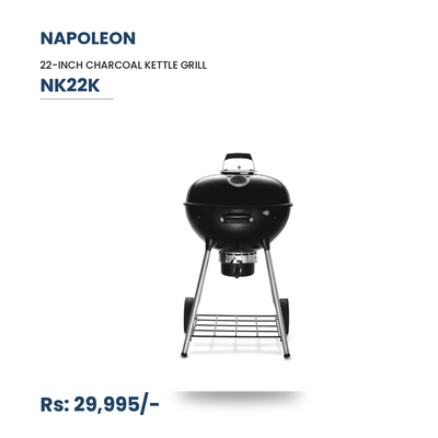 Napoleon NK22K Charcoal Kettle Grill | 22-Inch | 360 sq in | Vortex Heat System | Stainless Steel Hinged Grids | ACCUPROBE Gauge | Black