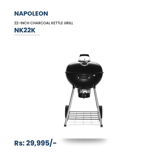 Napoleon NK22K Charcoal Kettle Grill | 22-Inch | 360 sq in | Vortex Heat System | Stainless Steel Hinged Grids | ACCUPROBE Gauge | Black