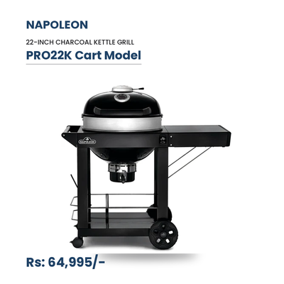 Napoleon PRO 22-Inch Cart Model Charcoal Kettle Grill - PRO22K-CART-3 - Black with Cart, Stainless Steel Spacer Ring, 363in² Cooking Area, Folding Sid