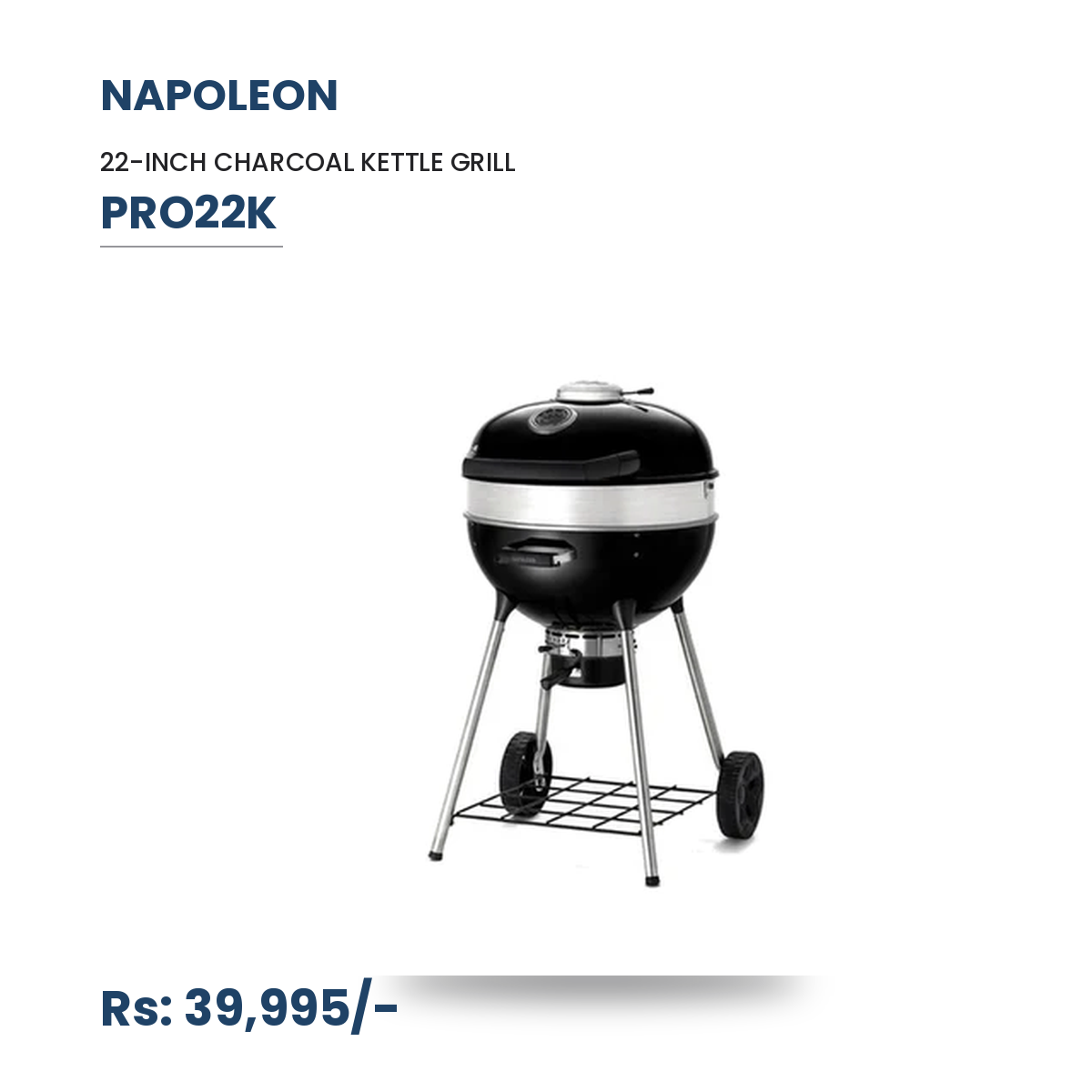 Napoleon PRO22K Charcoal Kettle Grill | 22-Inch | 3-Level Cast Iron Grids | Smoke Stack Vent | Rotisserie-Ready | Vortex Heat System | Black