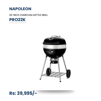 Napoleon PRO22K Charcoal Kettle Grill | 22-Inch | 3-Level Cast Iron Grids | Smoke Stack Vent | Rotisserie-Ready | Vortex Heat System | Black