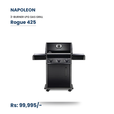 Napoleon Rogue 425 Gas Grill | R425PK | 3 Burners | 42,000 BTU | 570 sq in | JETFIRE Ignition | Cast Iron WAVE Grids | Locking Casters | LPG | Black