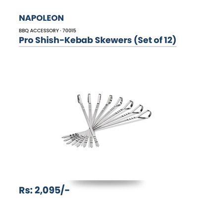 Napoleon Pro Shish-Kebab Skewers (70015) | Set of 12 | Flat Stainless Steel | Crimped Ends Hold Food in Place | For Seekh, Paneer & Tikka | All Napoleon Grills