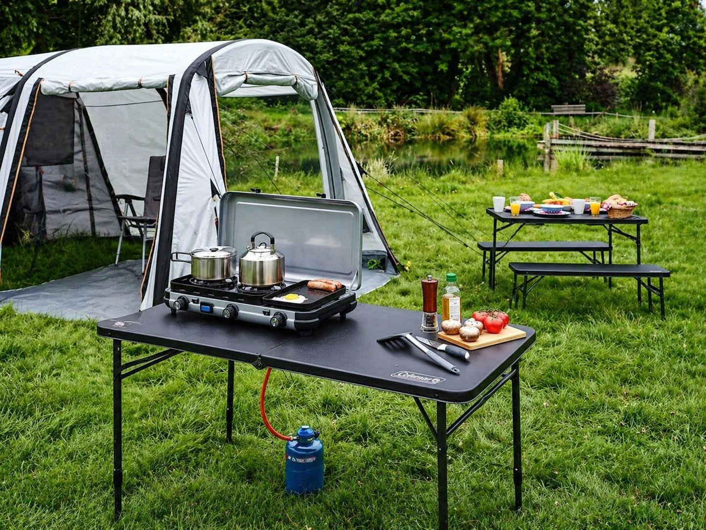 Coleman Pack-Away 4 Person Folding Table & Chair Set | All-in-One Steel Frame | Integrated Carry Unit | 5-Min Setup | For Camping & Outdoor Dining | White/Green
