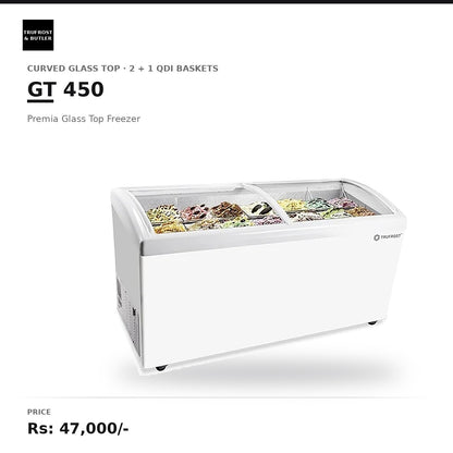 Trufrost GT 450 Premia Flat Glass Top Freezer with 2 standard baskets + 1 QDI baske