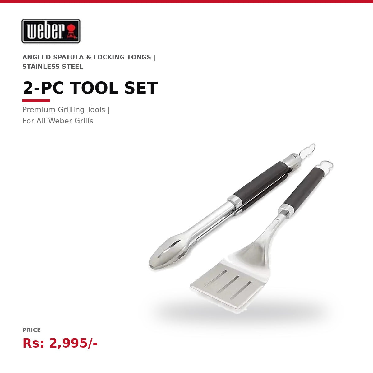 Weber 2-Piece Premium Tool Set | Angled Spatula & Locking Tongs | Compact | For Travel & Home Grilling | Stainless Steel | All Weber Grills