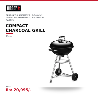 Weber 47cm Compact Charcoal Grill | Built-In Thermometer | 1,548 cm² | Porcelain-Enamelled | For Balcony & Garden | Black