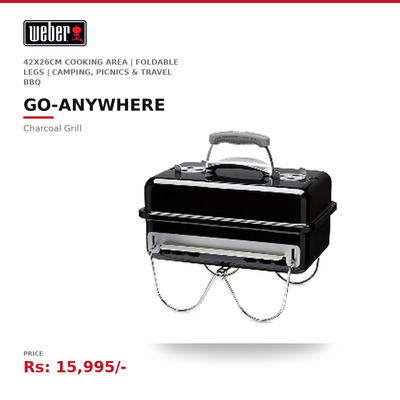 Weber Go-Anywhere Charcoal Grill | 42x26cm Cooking Area | Foldable Legs | Porcelain-Enamelled | For Camping, Picnics & Travel BBQ | Black