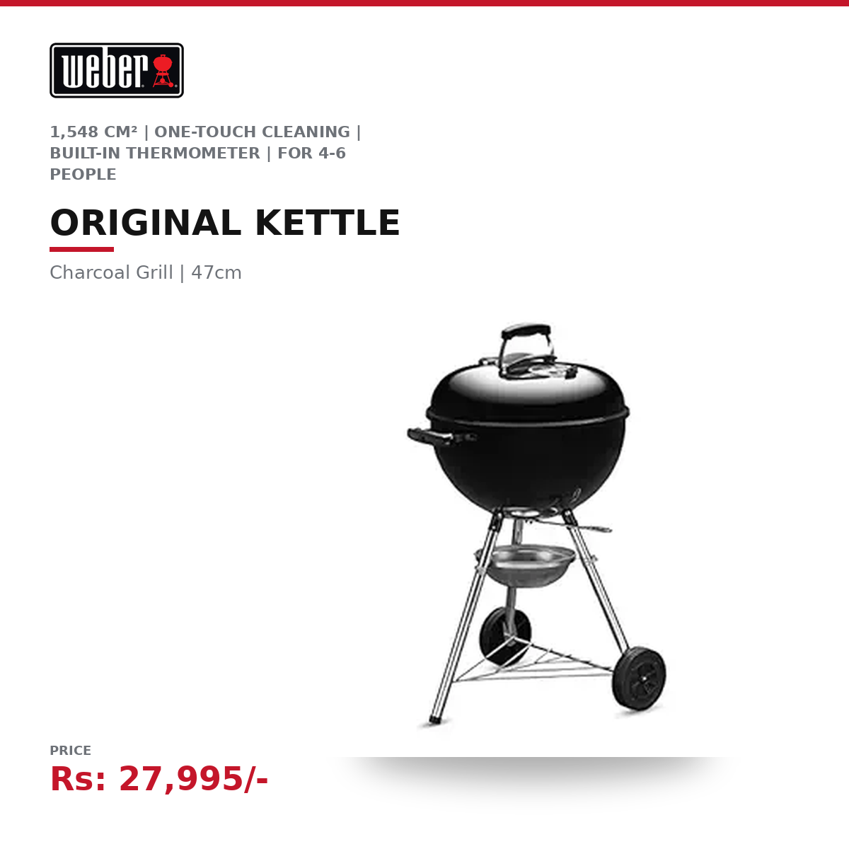 Weber Original Kettle Charcoal Grill | 47cm | 1,548 cm² | One-Touch Cleaning | Built-In Thermometer | For 4-6 People | Classic BBQ Kettle