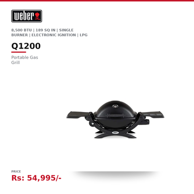Weber Q1200 Portable Gas Grill | 8,500 BTU | 189 sq in | Single Burner | Porcelain Cast-Iron Grates | Electronic Ignition | Black | LPG