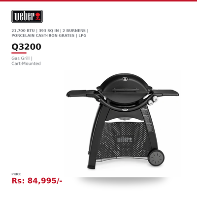 Weber Q3200 Gas Grill | 21,700 BTU | 393 sq in | 2 Burners | Porcelain Cast-Iron Grates | Cart-Mounted | LPG | Black