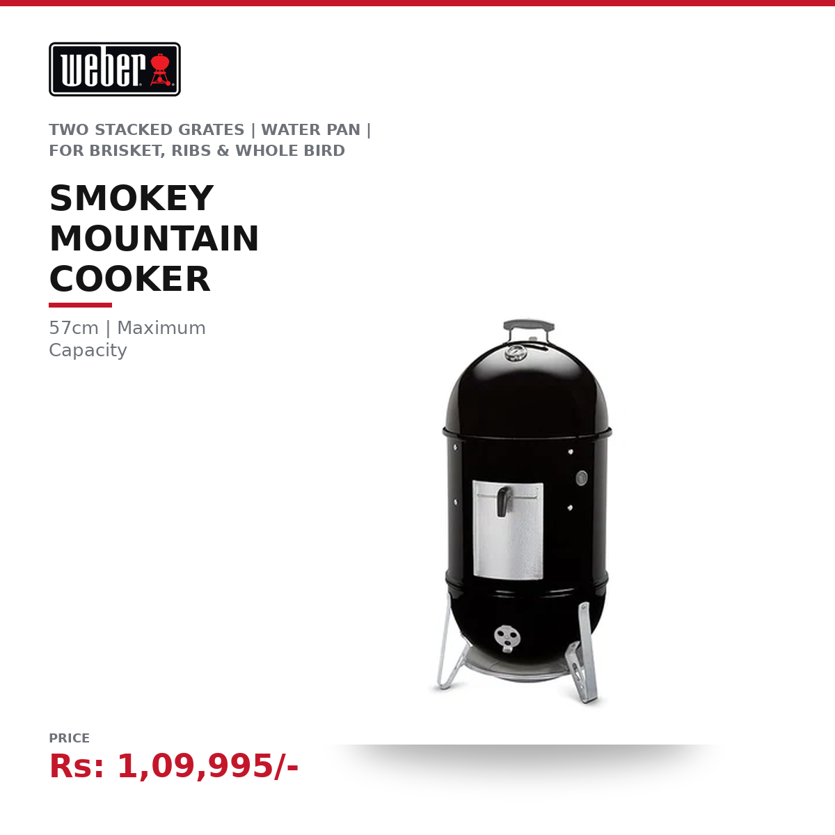Weber Smokey Mountain Cooker Charcoal Smoker | 57cm | Maximum Capacity | Two Stacked Grates | Water Pan | For Brisket, Ribs & Whole Bird