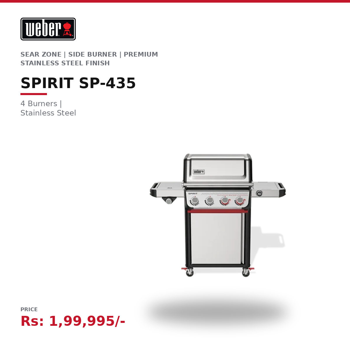 Weber Spirit® SP-435 Gas Grill – 4 Burner Stainless Steel BBQ with Sear Zone & Side Burner