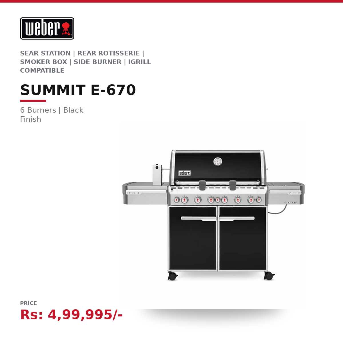 Weber Summit E-670 Gas Grill | 6 Burners | Sear Station | Rear Rotisserie | Smoker Box | Side Burner | iGrill Compatible | Premium Outdoor Kitchen | LPG