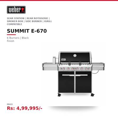 Weber Summit E-670 Gas Grill | 6 Burners | Sear Station | Rear Rotisserie | Smoker Box | Side Burner | iGrill Compatible | Premium Outdoor Kitchen | LPG