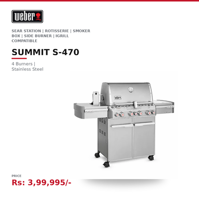 Weber Summit S-470 Gas Grill | 4 Burners | Sear Station | Rotisserie | Smoker Box | Side Burner | Stainless Steel | iGrill Compatible | LPG