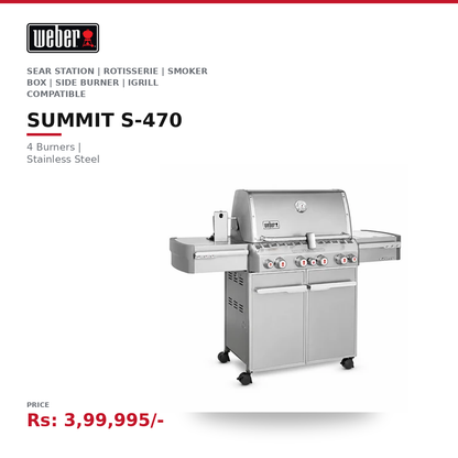 Weber Summit S-470 Gas Grill | 4 Burners | Sear Station | Rotisserie | Smoker Box | Side Burner | Stainless Steel | iGrill Compatible | LPG