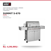 Weber Summit S-670 Gas Grill | 6 Burners | Sear Station | Rotisserie | Smoker Box | Side Burner | Stainless Steel | iGrill Compatible | LPG