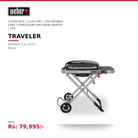 Weber Traveler Portable Gas Grill | 13,000 BTU | 2,325 cm² | Collapsible Cart | Porcelain Cast-Iron Grates | LPG | Black