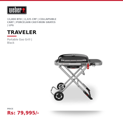 Weber Traveler Portable Gas Grill | 13,000 BTU | 2,325 cm² | Collapsible Cart | Porcelain Cast-Iron Grates | LPG | Black