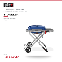 Weber Traveler Portable Gas Grill | 13,000 BTU | 2,325 cm² | Collapsible Cart | Porcelain Cast-Iron Grates | LPG | Blue