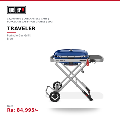 Weber Traveler Portable Gas Grill | 13,000 BTU | 2,325 cm² | Collapsible Cart | Porcelain Cast-Iron Grates | LPG | Blue