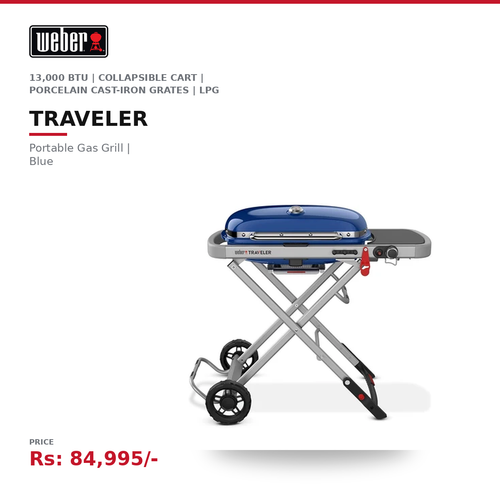 Weber Traveler Portable Gas Grill | 13,000 BTU | 2,325 cm² | Collapsible Cart | Porcelain Cast-Iron Grates | LPG | Blue