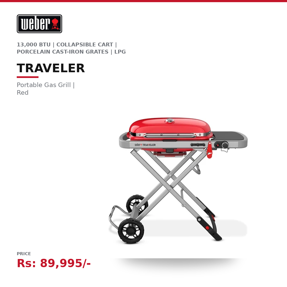 Weber Traveler Portable Gas Grill | 13,000 BTU | 2,325 cm² | Collapsible Cart | Porcelain Cast-Iron Grates | LPG | Red