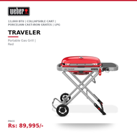 Weber Traveler Portable Gas Grill | 13,000 BTU | 2,325 cm² | Collapsible Cart | Porcelain Cast-Iron Grates | LPG | Red