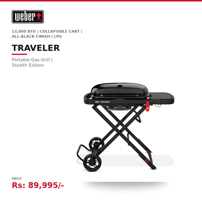 Weber Traveler Portable Gas Grill | Stealth Edition | 13,000 BTU | 2,325 cm² | Collapsible Cart | All-Black Finish | LPG